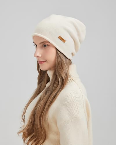 100% Merino Wool Slouchy Beanie Hat, Women Warm Winter Caps Soft, Ladies Breathable & Cozy Stretchy Knitted Skull Cap - color: Beige