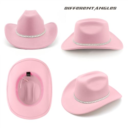 DRESHOW Western Cowboy Hat for Women and Men Wide Brim Glitter Cowboy Cowgirl Hat with Rhinestone Felt Fedora Hats - color: 1 Pack Style 10: Light Pink