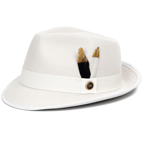 Fedora Hats for Men & Women Short Brim Felt hat Trilby Fedora with Feather Panama Dress Hat - color: White, size: Medium