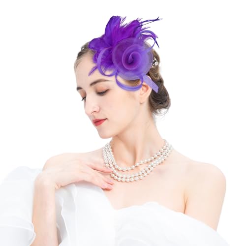 Tulle Flower Fascinators Hats for Women 2025 Derby Outfits for Women Tea Party Derby Hats - color: Purple