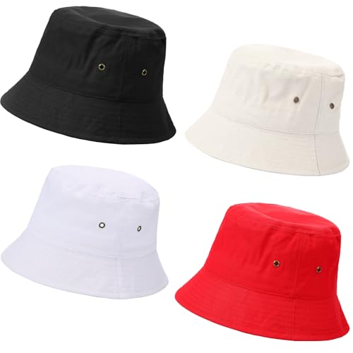 SATINIOR 4 Pcs Bucket Hat Summer Cotton - color: Black, White, Beige, Red, size: X-Small