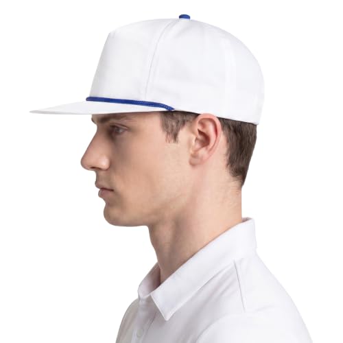 TOPTIE 5-Panel Rope Snapback Baseball Cap, Adjustable Flat Brim Hat, Quick Dry Soft Top Cap for Men Women Outdoor - color: White/Royal Blue