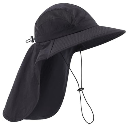 Connectyle UPF 50+ Wide Brim Sun Hat for Men Women Outdoor UV Protection Fishing Hat with Neck Flap Cover Safari Bucket Hats - color: Black