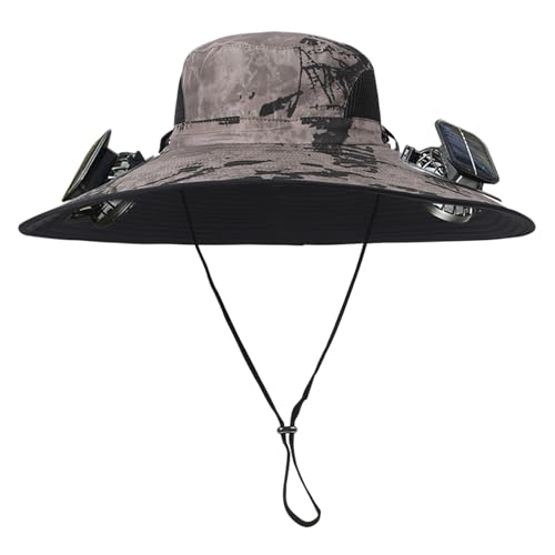 Men Women Wide Brim Sun Hats with 2 Solar Fan Waterproof Breathable Bucket Hat Outdoor Fishing Hat for Hiking Camping - color: Ink Khaki