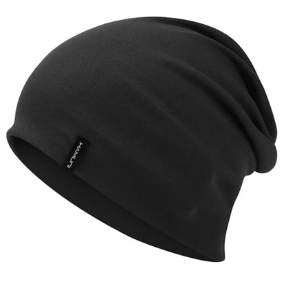 HAMUNI Slouchy Beanie for Women Men Soft Cotton Chemo Hats Double-Layer Warm Beanie Cap for Daily Wear & Transitional Seasons - color: Black