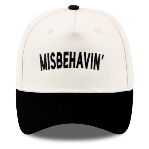 Funny Embroidered Trucker Hat, Vintage Two-Tone Cotton Baseball Cap for Men Women, Adjustable Dad Hat Gift Idea - color: Misbehavin', Black/Beige