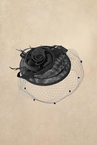 BABEYOND Fascinators Hats for Women Flower Veil Feather Pillbox Derby Hat - color: Black