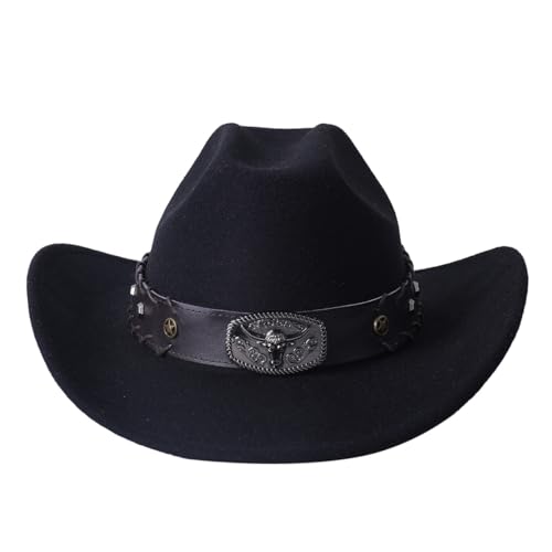 Men Women Wide Brim Western Cowboy Cowgirl Hats with Buckle Belt - color: Black-cow Head