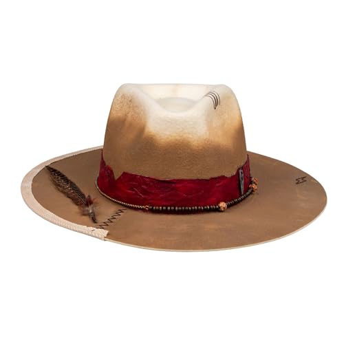 RUEDIGER Vintage Wide Brim Fedora Hats 100% Wool Stiff Felt Hat Rancher Hat with Lightning Logo Handmade Distressed/Burned - color: Warm Yellow, size: 7 1/8