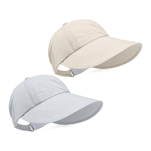 2 Pack UPF 50+ Sun Visor Hats for Women, Wide Brim Ponytail Baseball Cap, Foldable UV Protection Beach Hiking Hat