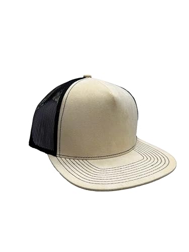 Ashen Fane Faux Suede Polyester Blend 5 Panel Classic Flat or Round Visor Adjustable Snapback Mesh Back Trucker Hat - color: Flat - Off-white