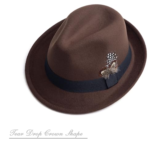 Short Brim Fedora Hat for Men Women Felt Trilby with Feather - color: Coffee