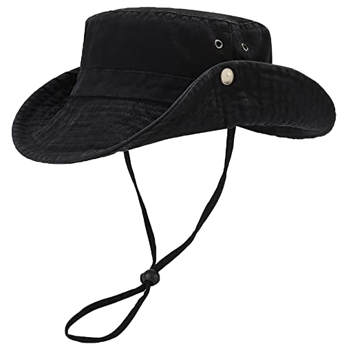 Unisex Cotton Boonie Hat Summer Fishing Bucket Hat Sun Hat with String - color: Solid Black
