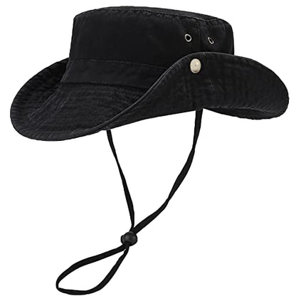 Unisex Cotton Boonie Hat Summer Fishing Bucket Hat Sun Hat with String - color: Solid Black