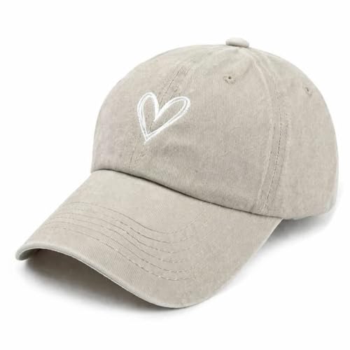 Unisex Vintage Baseball Cap: Washed Distressed Baseball Cap Twill - Men Womens Trucker Hat - Adjustable Dad Hat - color: Light Khaki White Heart