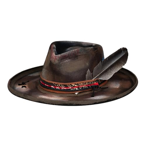 Vintage Pencil Brim Fedora Hats 100% Wool Felt Hat Panama Rancher Hat with Lightning Logo Handmade Distressed/Burned - color: Brown, size: 7 1/8