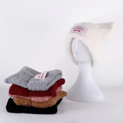 Knitted Beanie Hat Cute Rabbit Long Ears Fun Caps Fluffy Winter Warm Knitted Rabbit Hats Outdoor Slotty Cap - color: Whiter
