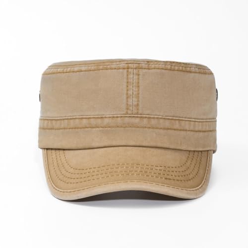 Military Cadet Army Cap for Men Women-Washed Cotton Vintage Adjustable Flat Top Baseball Hat - color: Solid Camel