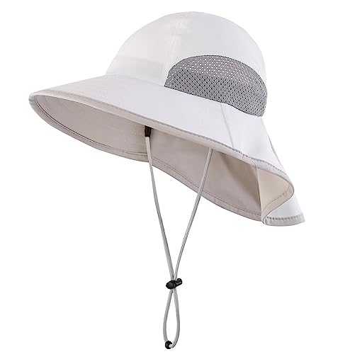 Connectyle Kids Sun Hat Adjustable Fishing Hat for Boys Grils Breathable UPF 50+ Protection Outdoor Beach Hat with Neck Flap - color: White
