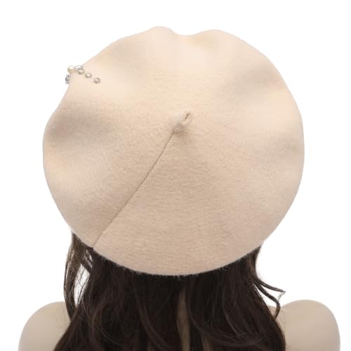 ZLYC Women French Beret Hat Winter Knitted Stretchable Beret Artist Cap - color: Rhinestone Beige