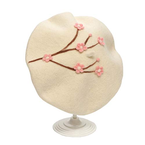 Handmade Wool Beret Hat French Style Needle Felt Flower Beanies Women Winter Autumn Cap - color: White Plum Pink Blossom, size: 7 1/8-7 3/8