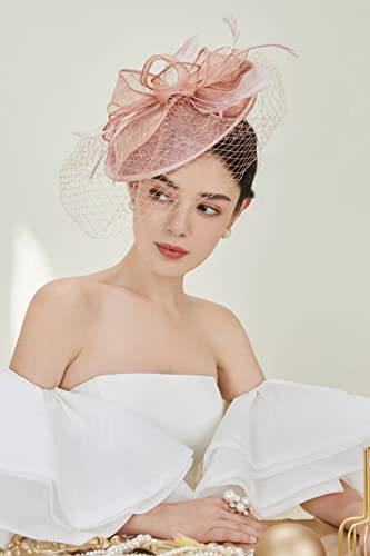 BABEYOND Fascinators Hats for Women Pillbox Kentucky Hat with Feather Veil - color: Nude Pink