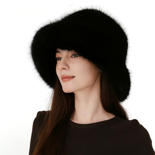 Women's Oversized Faux Fur Bucket Hat, Fluffy Plush Winter Hat, Solid Color - color: Black