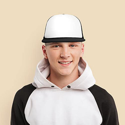 DALIX Flat Billed Trucker Hat Mesh Back S M L Adjustable Cap Solid Two Toned Snapback - color: Black-white, size: One Size