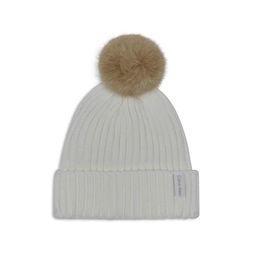 Calvin Klein Women's Faux Fur Pom Winter Beanie with Velboa Fleece Lining - color: Cream