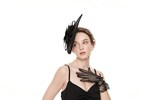 GurZinn Fascinator Hat Veil Feather Fascinator Tea Party Bridal Wedding Veil Pillbox Hat - color: Black Hat&glove