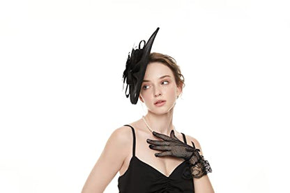 GurZinn Fascinator Hat Veil Feather Fascinator Tea Party Bridal Wedding Veil Pillbox Hat - color: Black Hat&glove
