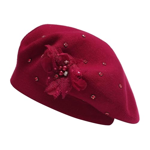ZLYC Women French Beret Hat Reversible Solid Color Mosaic Warm Artist Cap - color: Bead Flower Burgundy