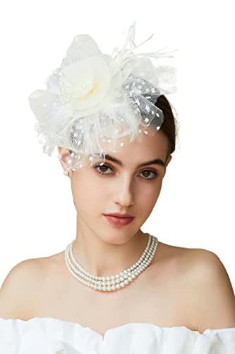 BABEYOND Fascinators Hats for Women Tea Party Flower Tulle Bead Derby Hat - color: Beige