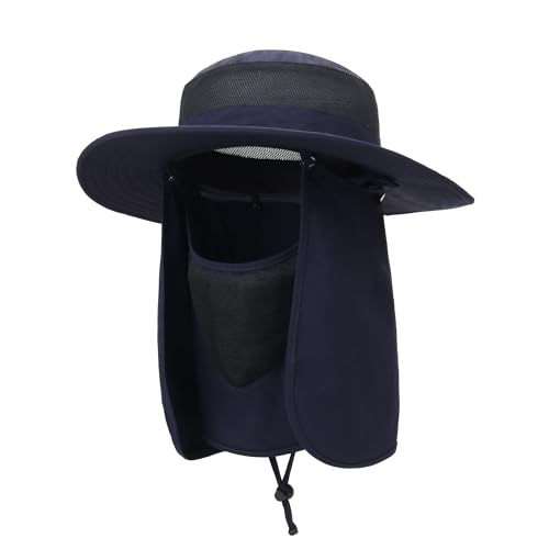 Outdoor Sun Hat UPF 50 Protection Waterproof Fishing hat Face Cover Summer Neck Flap Hat - color: Navy Blue