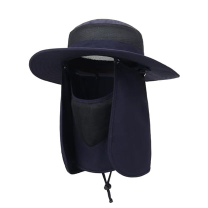 Outdoor Sun Hat UPF 50 Protection Waterproof Fishing hat Face Cover Summer Neck Flap Hat - color: Navy Blue