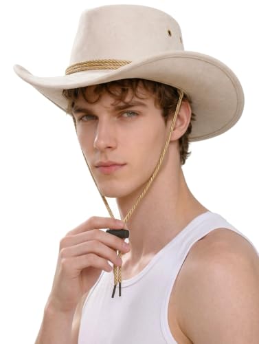 Classic Western Rolled-up Vegan Suede Cowboy Hat - color: White