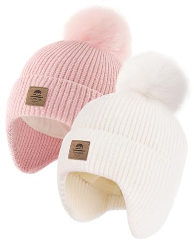FURTALK Baby Toddler Winter Hat Fleece Lined Beanie Earflaps Outdoor - color: White+pink, size: 6-24 Months