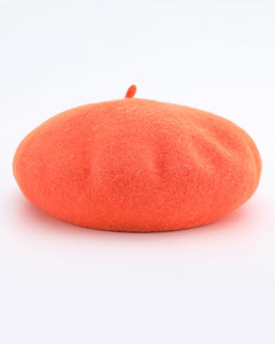 French Beret Hats for Women - Wool Solid Color Beanie Cap - color: Orange