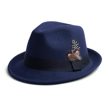 Short Brim Fedora Hat for Men Women Felt Trilby with Feather - color: Navy