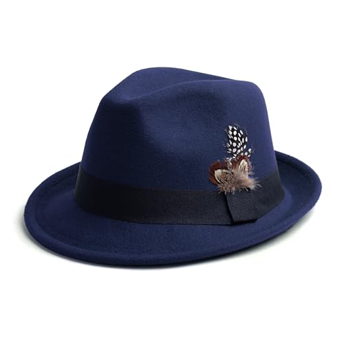Short Brim Fedora Hat for Men Women Felt Trilby with Feather - color: Navy