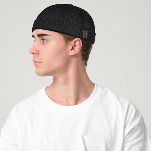 Mens Mesh Brimless Cap with No Brim, Summer Docker Cap Beanie Hat Flip Sailor Skullcap Breathable - color: Black