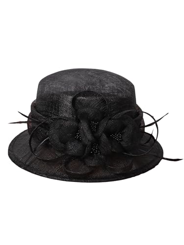 HIMESPORT Retro Sinamay Veil Flower Bride Wedding Fascinator Hat Feather Bowler Hat Hair Accessory Banquet Cocktail Party - color: Black 1