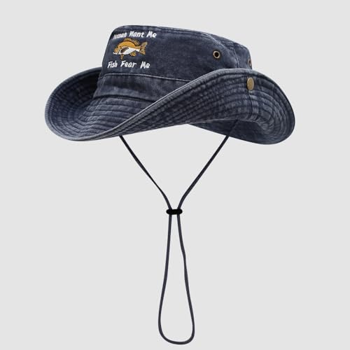 Sun Bucket Hat for Men Women Fishing Beach Safari Trendy Cotton Cowboy Cap for Golf Hiking Hunting Outdoor Boonie - color: Fish Navy