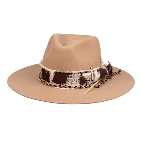 RUEDIGER Vintage Wide Brim Fedora Hats 100% Wool Stiff Felt Hat Rancher Hat with Lightning Logo Handmade Distressed/Burned - color: Light Brown, size: 7 3/8