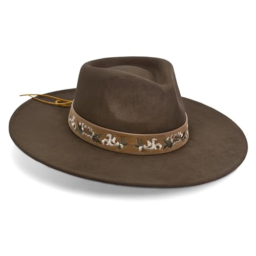FLUFFY SENSE. Big Wide Brim Boho Western Hat for Women and Men - Felt Rancher Fedora Hat with 4 inches Flat Brim - color: Chocolate Brown, size: Medium