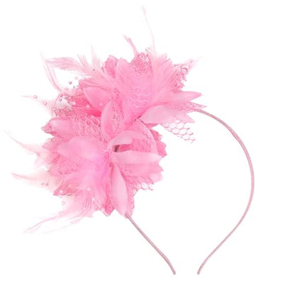 Elegant Fascinator Hat with Feather Pearl & Veil Tea Party Headband for Weddings Cocktail Parties & Dressy Outfits（Pink）