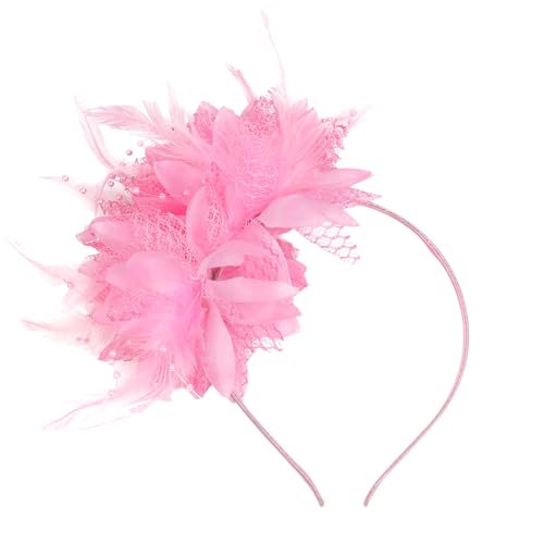 Elegant Fascinator Hat with Feather Pearl & Veil Tea Party Headband for Weddings Cocktail Parties & Dressy Outfits（Pink）
