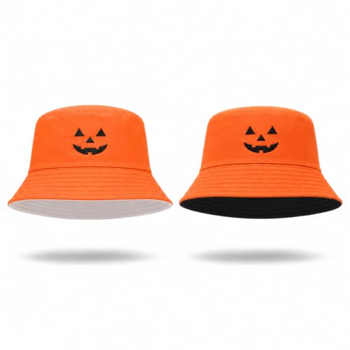 Reversible Halloween Pumpkin Bucket Hat, Cute and Spooky Hat for Adults - color: 2pc-orange/Black&orange/White
