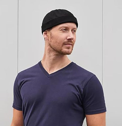 2 Pcs Mens Brimless Docker Cap Set - Retro Worker Sailor Skull Cap Beanie with Rolled Cuff - color: Black
