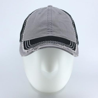 Washed Cotton Distressed with Heavy Stitching Adjustable Baseball Cap - color: Black/Gray/Black